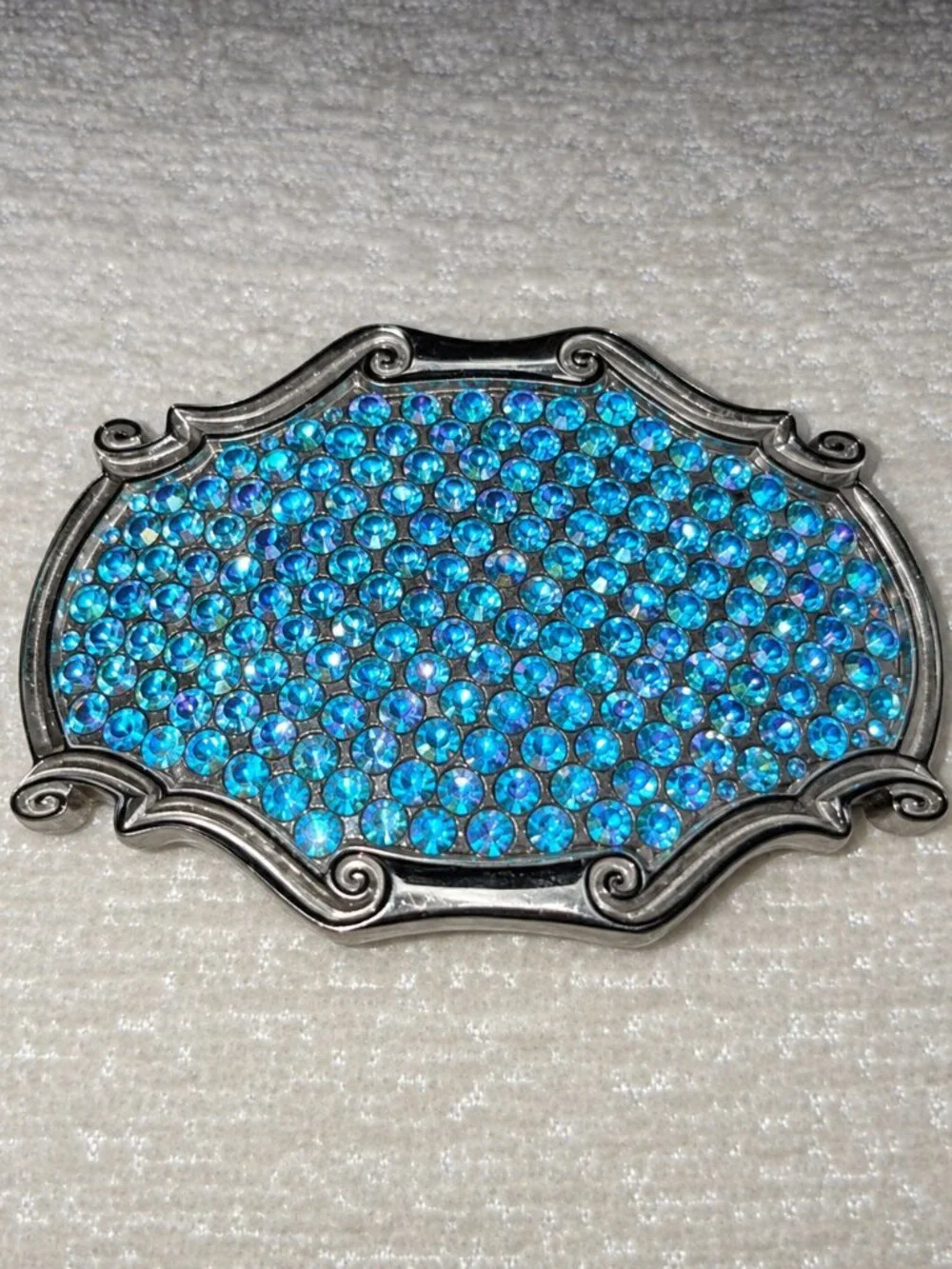 Blue Aurora Borealis Rhinestone Belt Buckle Silver Tone Western Rodeo Cowgirl
